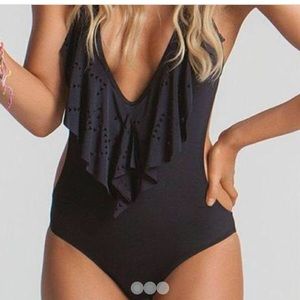 Black Plunge Ruffle Swim Suit